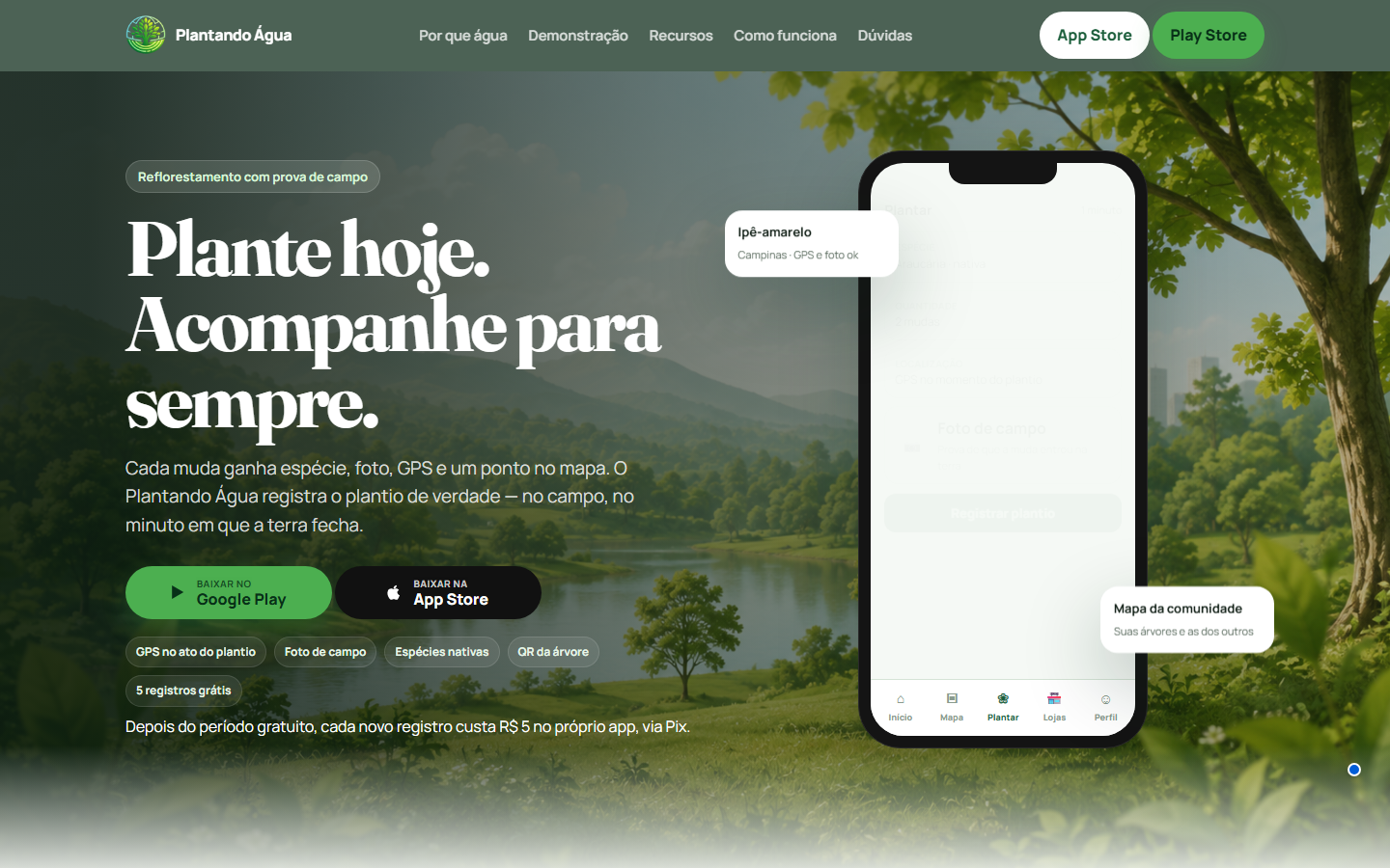 Landing do Plantando Água — app de plantio com GPS e foto