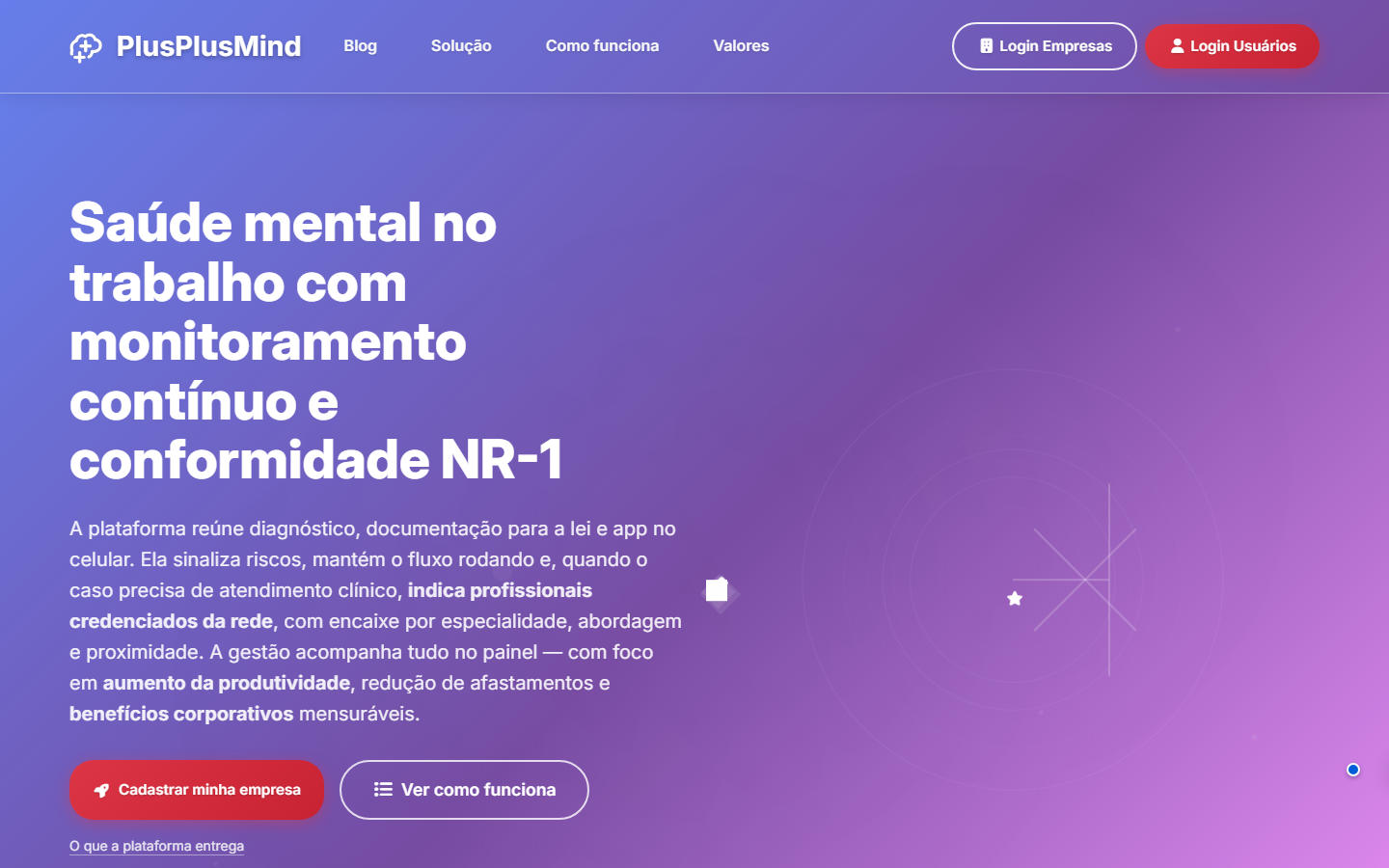 Landing da PlusPlusMind — saúde mental corporativa e NR-1